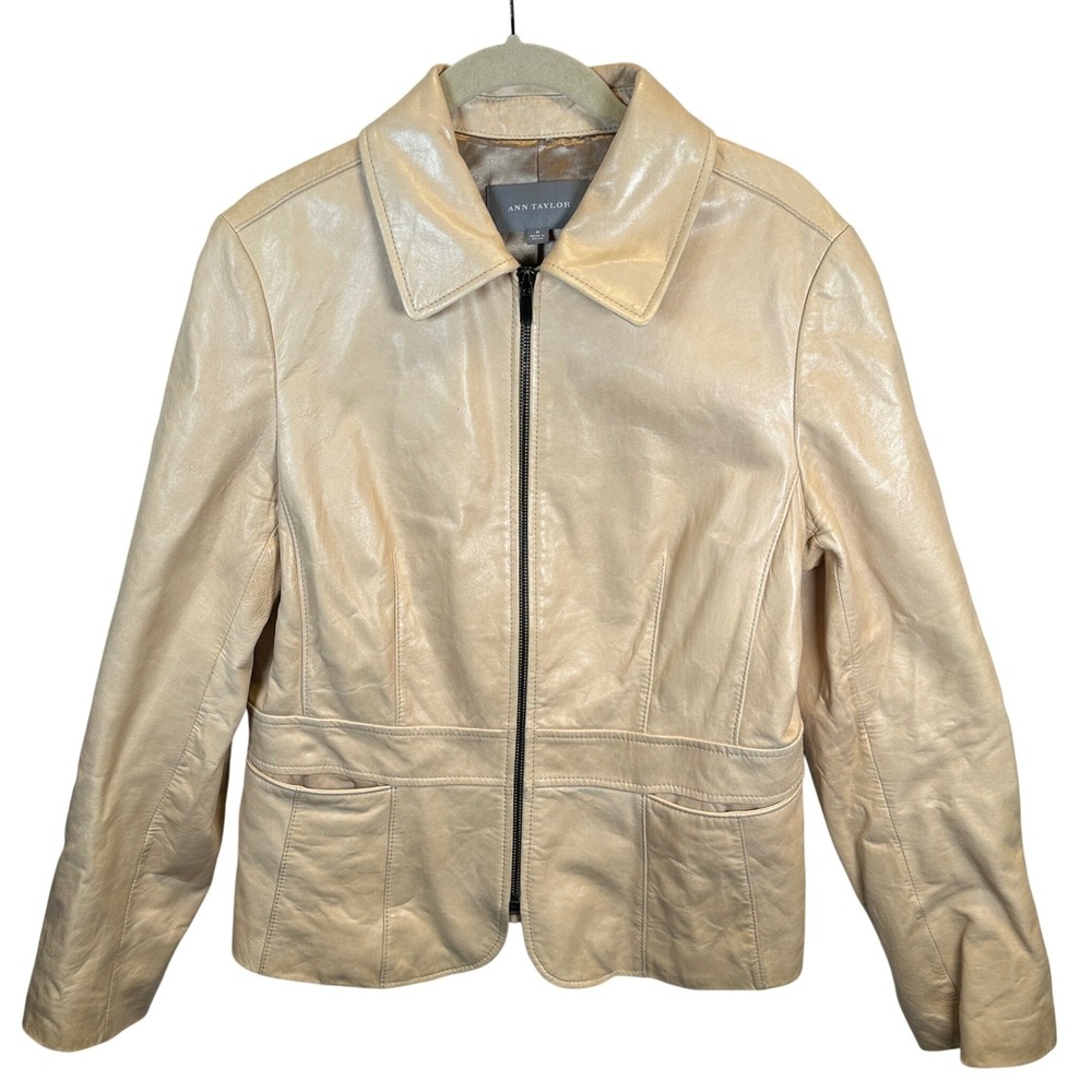 Ann Taylor Womens Medium Tan Beige Genuine Leather Full Zip Jacket Blazer Coat